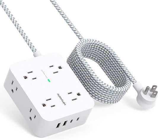 10 Ft Surge Protector Power Strip, HANYCONY Extension Cord with 8 AC Outlets 4 USB (2 USB C) Ports, Flat Plug, Wall Mount Desk USB Charging Station for Home
