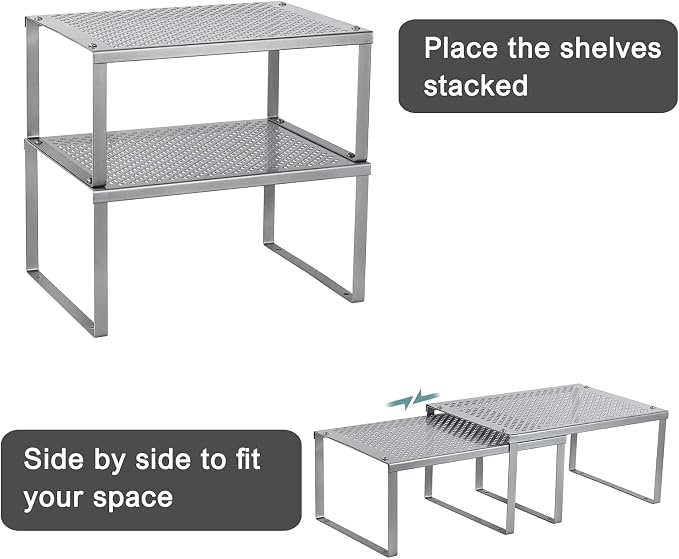 NEX Kitchen Shelf Organizer for Counter Cupboard Pantry, Set of 2 Cabinet Shelf Organizer Spice Rack, Stackable, Metal, Silver
