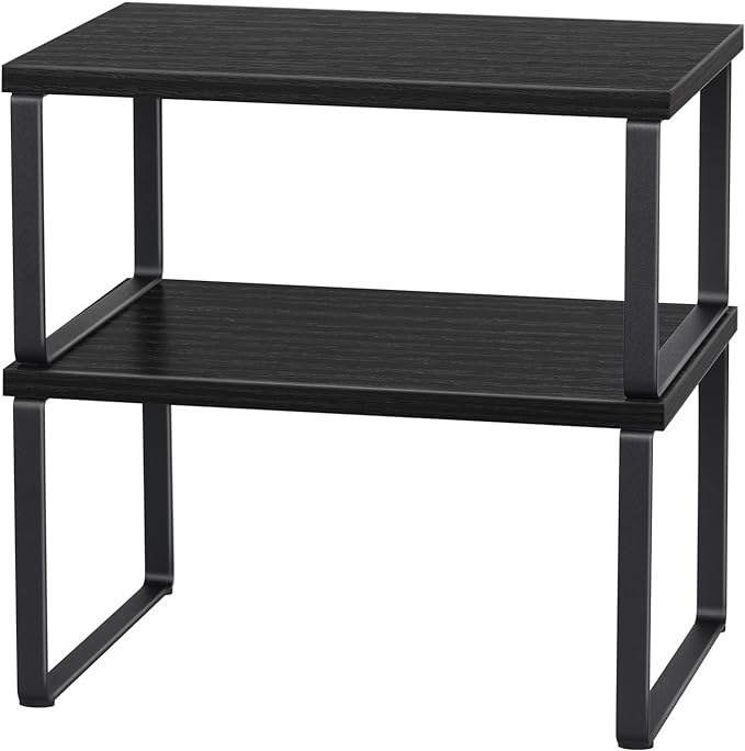 CADUKE Counter Shelf Organizer Set of 2 Kitchen Cabinet Shelves Expandable Countertop Shelves Organizer Wood Cabinet Shelf Black Stackable Storage Rack for Pantry