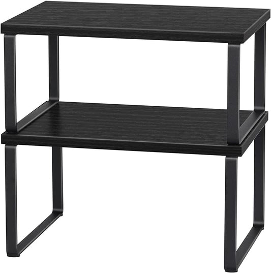 CADUKE Counter Shelf Organizer Set of 2 Kitchen Cabinet Shelves Expandable Countertop Shelves Organizer Wood Cabinet Shelf Black Stackable Storage Rack for Pantry