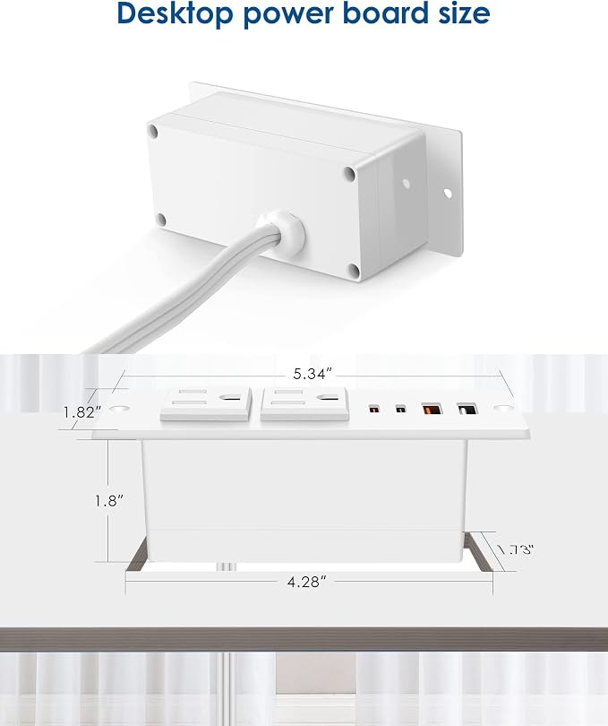 Recessed Power Strip 30W USB C,Furniture Flush Mount Desk Outlet,2 Outlets 4 USB Ports,Recessed Outlet for Side Table/Sofa Table,Ultra Thin Flat Plug Power Strip,3FT Cord (White)