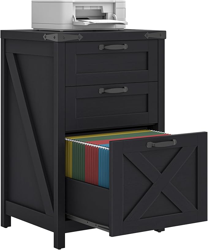 Halitaa 3 Drawer Small File Cabinet, Farmhouse Vertical Filing Cabinet Fits Letter and A4 Size, Under Desk Wooden File Cabinets for Home Office, Printer Stand, Black