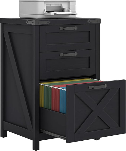 Halitaa 3 Drawer Small File Cabinet, Farmhouse Vertical Filing Cabinet Fits Letter and A4 Size, Under Desk Wooden File Cabinets for Home Office, Printer Stand, Black