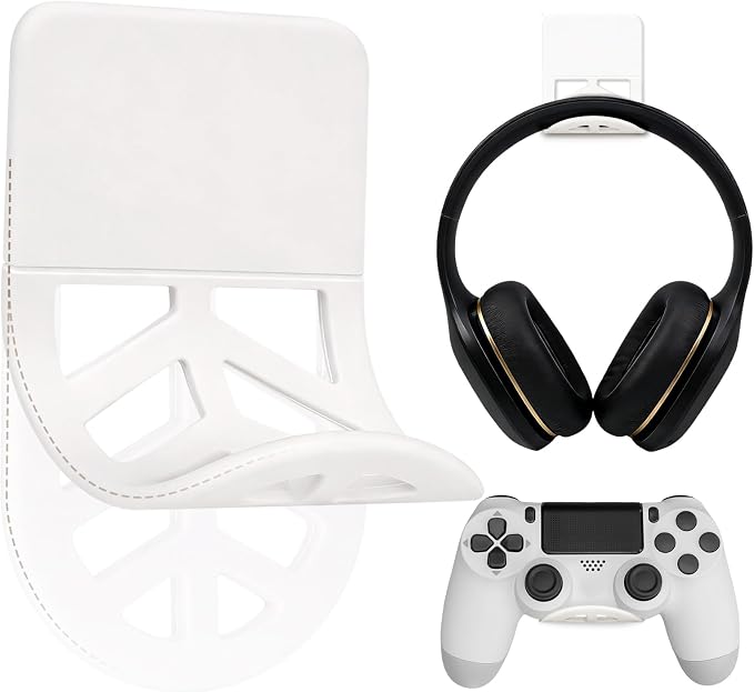 Wall Mount Headphone Stand, 2-in-1 Bendable Silicone Controller Holder, Adhesive Under Desk Hook for Gaming Office & Home, Fits All Headphones for PS5 Xbox Controllers - 1 Pack (Black/White)