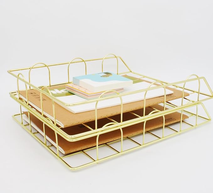JIARI 2 Pack Desk Organizer Stackable Letter Tray Paper Organizer, Metal Desk Organizer Tray for Letter/A4 Paper Storage, for Office Supplies (Gold 2 Pack)