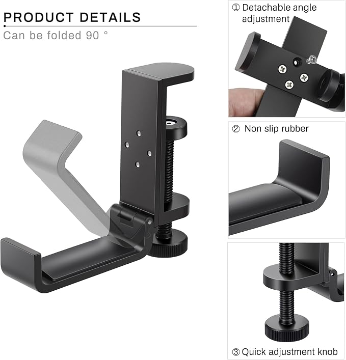 All Aluminum Foldable Headphone Holder for Desk, Headset Stand for Desk,Backpack Holder Hook for Desk,Table Bag Hook,Under Desk Clamp Hook for Gaming PC Accessories,Black