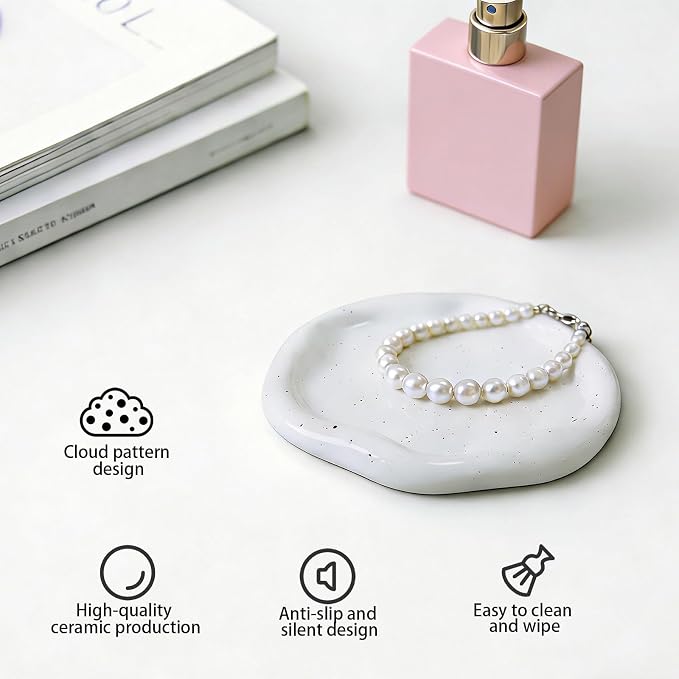 CHENACC Ceramic Jewelry Tray, White Round Cloud-Shaped Vanity Decorative Dish-Stylish Room Aesthetic Accessory, Catchall for Jewelry Watches Keys Round Plate Holder