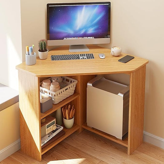 GIZNXBA Corner Desk with 3 Tier Torage Shelves, 90° Triangle Corner Table with CPU Stand for Small Space, Computer Table Makeup Vanity Desk for Home Office Bedroom (Color : /Natural, Size : 67cm)