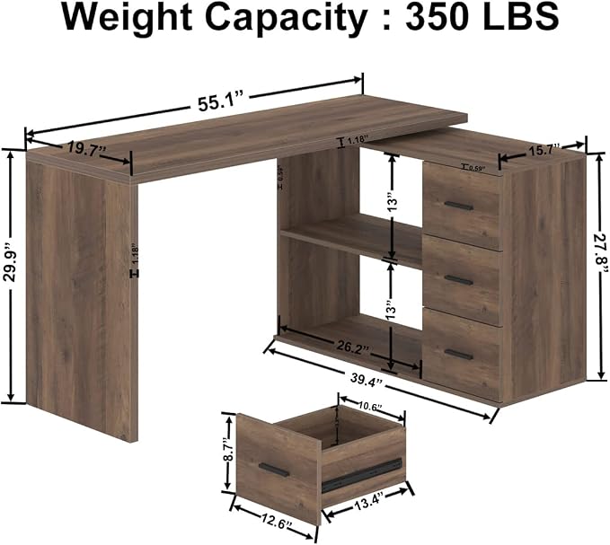 HSH L Shaped Desk with Storage Drawers Shelves, Large Corner Computer Table in Home Office, Industrial Wood Desk for Executive Writing Work Study, Rustic Oak, 55 Inch