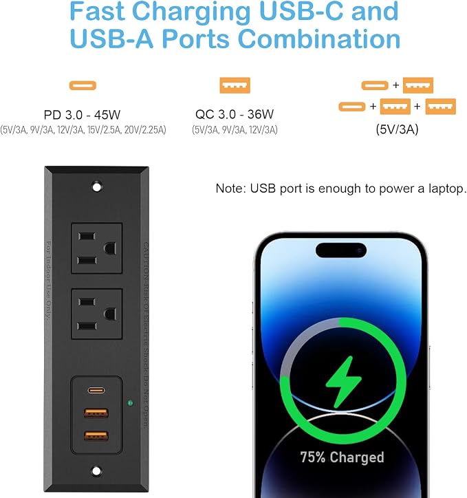 CCCEI Recessed Power Strip with 45 W USB C Port, Fast Charging USB A Port Desk Outlet, Furniture Hidden Charging Station for Side Table, End Table, with 4FT 45 Degree Flat Plug Extension Cord.