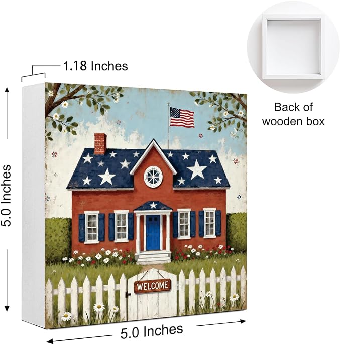 Patriotic Wooden Box Sign,Stars And Stripes House 4th Of July Signs Home Decor,Independence Memorial Day Block Sign for Desk Shelf Tabletop Decor