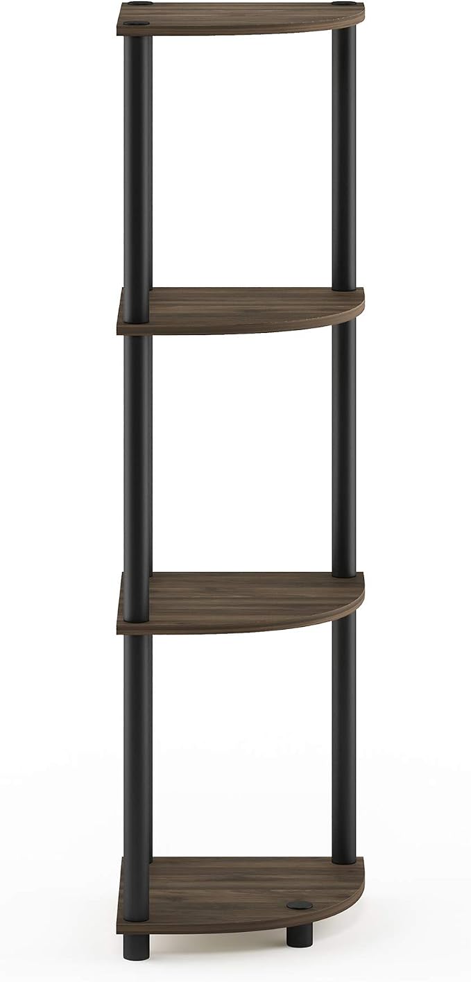 Furinno Turn-N-Tube Toolless Assembly 4-Tier Corner Shelf, Rustic Brown Corner Book Shelf, Open Shelves Bookshelf, for Organization and Storage, Living Room, Home Office, Bedroom, Brown Walnut
