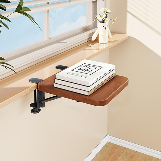 Foldable Small Window Sill Extender Clamp, Removable Desk Extension Shelf, Compact Countertop for Work & Study, Space-Saving Organizer Teak 17.5x25cm(6 7/8x9 7/8")