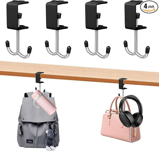 4 Pack Adjustable Purse Hooks for Table & Desk, Double-Hook Heavy-Duty Backpack Hanger 100lb Capacity High-Strength Holder Space-Saving Desk Organizer for Handbag Headphone Umbrellas(Black)