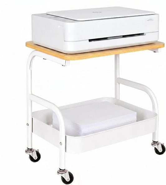 Under Desk Printer Stand with Storage 2 Tier Rolling Printer Cart with Wheels, Mobile Short Under Shelf Storage Small RollingTable Cart for Home and Office, White