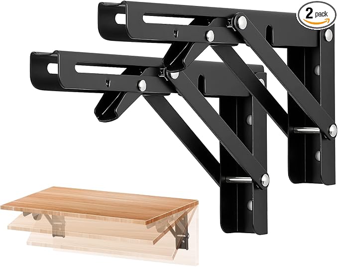 Ravinte 2 Pack 8 Inch Folding Shelf Brackets – Matte Black, Heavy Duty Collapsible Brackets for Tables and Benches – Space-Saving Design