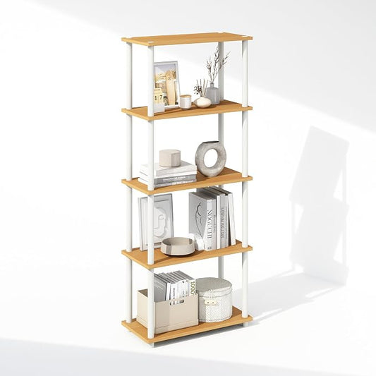 Furinno Turn-N-Tube Book Shelf, 5-Tier Bookshelf, Bookcase with Multipurpose Compact Display Rack, 11.6 x 23.6 x 57.4, for Living Room, Bedroom, Home Office, Beech/White
