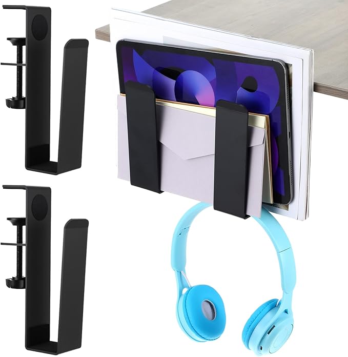 2 Pack Adjustable Desk Side Laptop Holder, Heavy-Duty Metal Desk Side Storage, Hanging Organizer with Tool-Free Clamp (6.97"x1.77", Black)