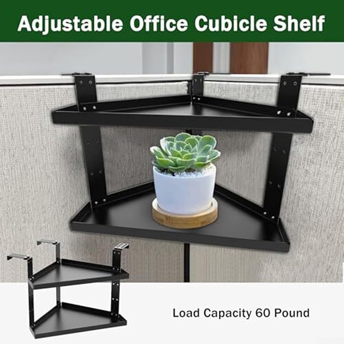 Height Adjustable Cubicle Shelf Corner Organizer with Hooks for Office Space Saving Storage in Black((small double hook))