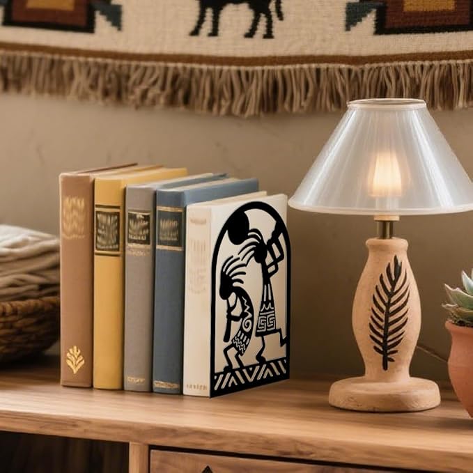 Peacoblue Metal Bookends for Shelves, Modern Decorative Heavy Duty Study Book Ends Stoppers for Office, Desk, Shelf, Room 5.3"x4.3"x7.9" Cast Iron Tall Bookends 1 Pair (Kokopelli Tribal-Flute Player)