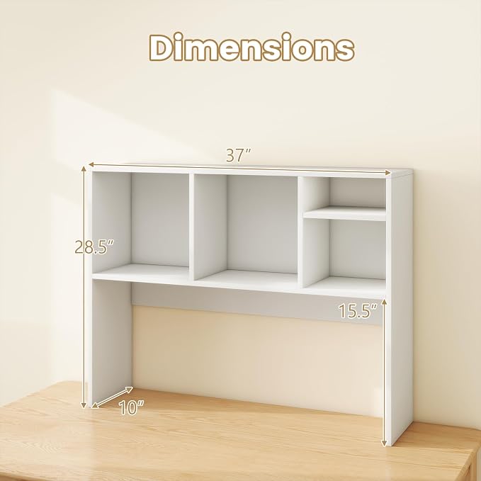 Giantex Desktop Bookshelf, Countertop Storage Hutch with 4 Shelves for Computer Desk, Dressing Tabletop Display Rack, Multipurpose Desk Hutch Storage Organizer for Home Office Dorm, White