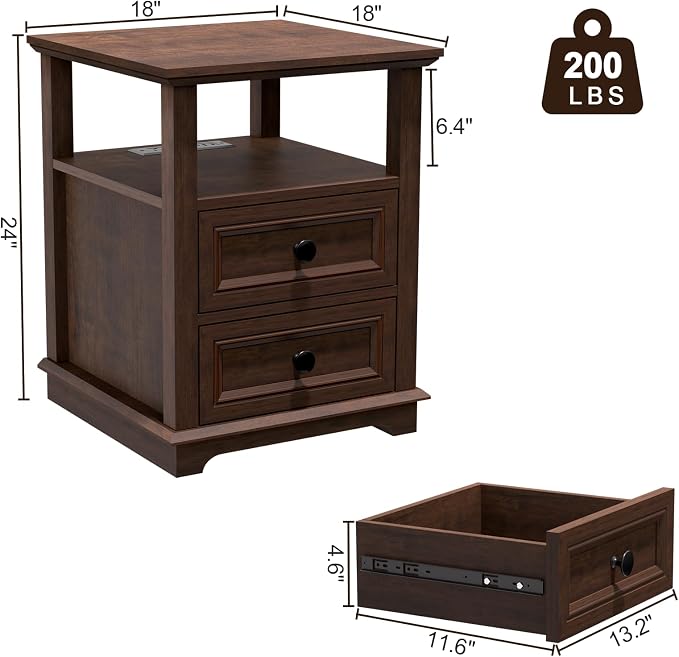 REDAYFUR 18" Wide End Table with Fast Charging Station Set of 2, 18” Wide Sofa Side Table with Drawers,End Table with Drawers for Living Room,Cherry