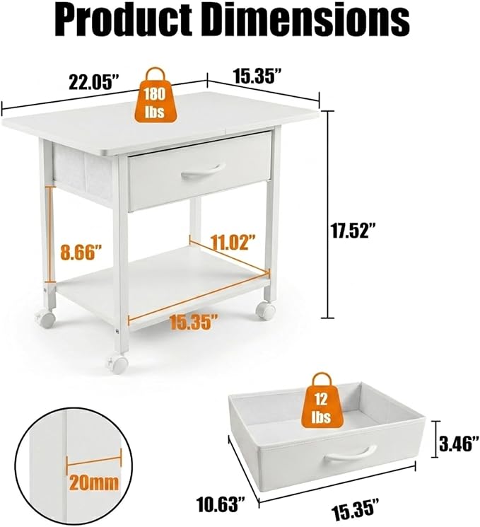 22" x 15" Under Desk Rolling Printer Stand, 2-Tier Industrial Mobile Printer Table with Strong Fabric Drawer, Storage Shelf, Steel Frame and Lockable Wheels, Printer Cart for Home Office (White)