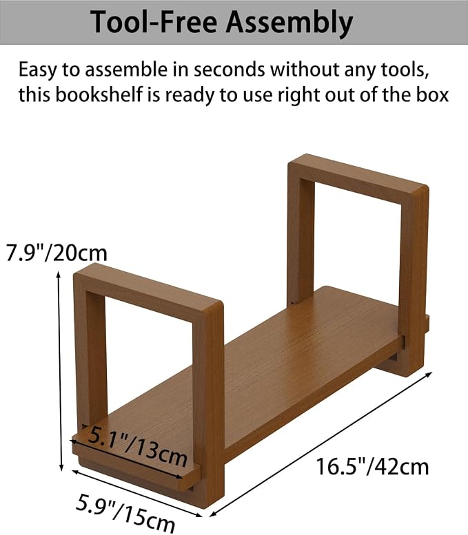 100% Solid Wood Adjustable Desktop Bookshelf, Retro Tabletop Bookshelf, Desk Shelf for Living Room, Home, Office, Perfect for Magazine, Books, Cookbooks, No Tools Required to Assemble (Walnut Brown)