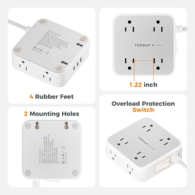 TESSAN Surge Protector Power Strip, 5 Ft Flat Plug Extension Cord with 3 USB (2 USB C) 8 Outlets, 1250W, 900J Protection, 3 Sided Outlet Extender with Power Switch for Office, Dorm Room, Grey