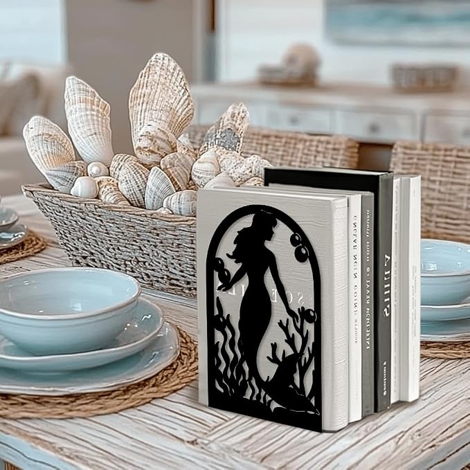 Peacoblue Metal Bookends for Shelves, Modern Decorative Heavy Duty Study Book Support Stoppers for Office, Desk, Shelf, Room 5.3"x4.3"x7.9" Cast Iron Simple Tall Bookends, 1 Pair (Mermaid)
