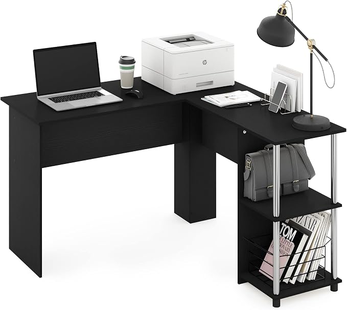 Furinno Abbott L-Shape Computer Desk with Stainless Steel Tubes Bookshelf, Americano/Chrome