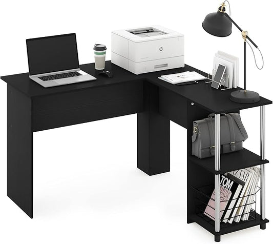 Furinno Abbott L-Shape Computer Desk with Stainless Steel Tubes Bookshelf, Americano/Chrome