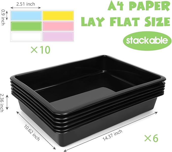 ShineMe 6 Pack Paper Trays for Classroom, Black Plastic Book Bins with Colorful Labels, Stackable Letter Size Storage Tray, Desk Organizer Tray for Home, School and Office