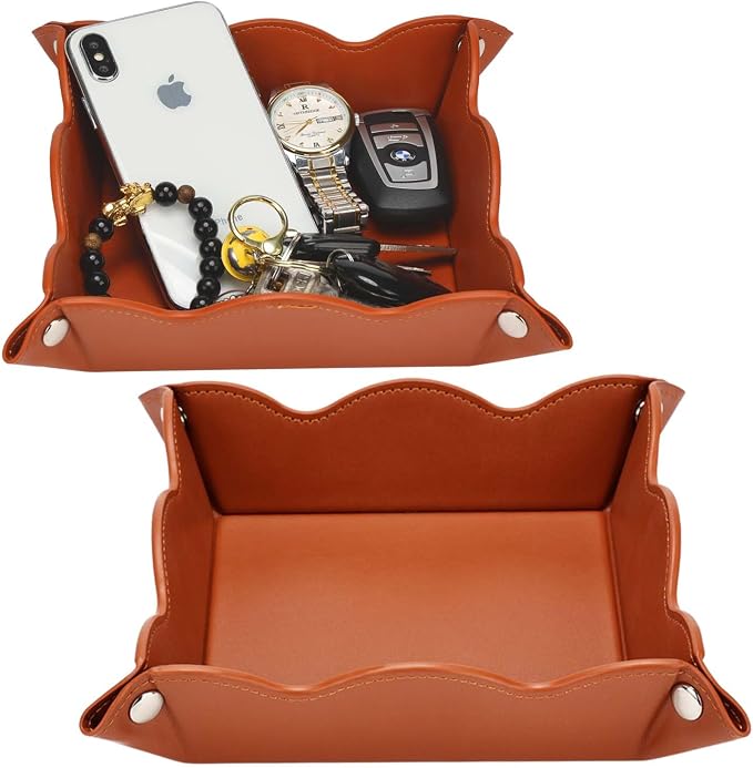 Valet Tray for Men Women 2 Pack - PU Leather Travel Catchall Tray Organizer - Desk Bedside Nightstand Storage Box for Jewelry Key Phone Remote Controller Wallet Watch Glasses Readers -Brown