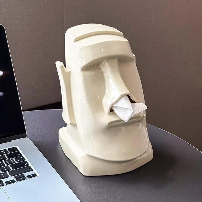 Creative Moai Tissue Box Holder with Headphone Holder, Suitable for Living Room, Bedroom and Other Desktop Storage Boxes, Green,Cream White, Black. (Cream White)