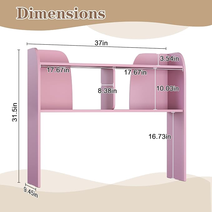 Wooden Desktop Bookshelf 37", 3-Tier Rounded-Edge Desk Storage Organizer, Space-Saving Countertop Shelf for Office Dorm Home, Pink