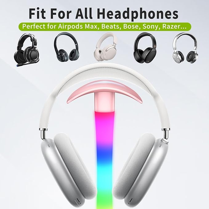 Headphone Stand with Charger,Gaming Headset stand with RGB Light Mode,For Airpod Max Stand,Desk Lamp,Phone Holder,Tablet Holder,desktop organizer,Gifts for Gamers & Music Lover (Pink)