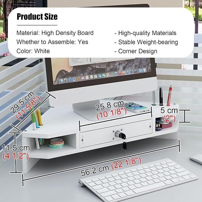 Save Space Desktop Corner Shelf with Locking Drawer, Wooden Corner Monitor Stand, Screen Stand Office Workspace Organizer,Wood color