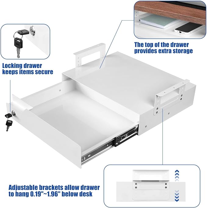 Under Desk Drawer Storage with Lock, Metal Undermount Table Drawer, Ball Bearing Slides Out Tray Organizer for Paper, Pencil, and Laptop 17.3"x11.8"x5.4", White with Adjustable Brackets