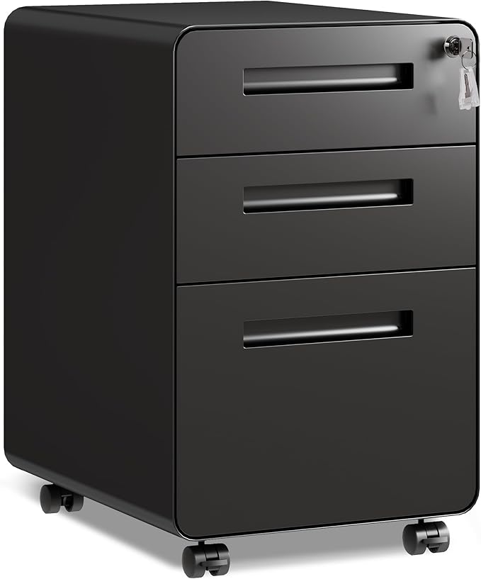 DEVAISE 3 Drawer Mobile File Cabinet, Under Desk Metal Filing Cabinet with Lock for Home Office, Office File Cabinet fits Letter/Legal Size, Pre-Assembly, Black