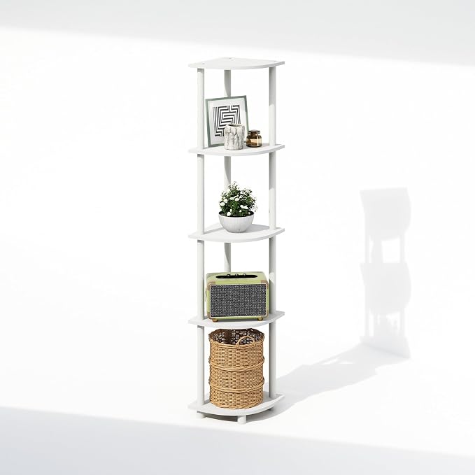 Furinno Turn-N-Tube Storage Shelves, 5-Tier Book Shelf, Corner Shelf, Toolless Open Shelves, for Organization and Storage, Living Room, Home Office, Hallway, Bedroom, White