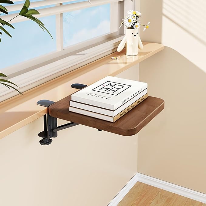 Small Window Sill Extender Clamp, Foldable Desk Extension Table, Removable Desk Clamp Shelf Extender, Countertop Extension for Work/Study(Walnut)
