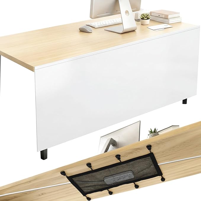 Tegeme 60'' Under Desk Privacy Panel with Cable Management Net Desk Skirt Self Adhesive Modesty Panel with Cord Organizer Pockets for Office Home Standing Workstation(White)