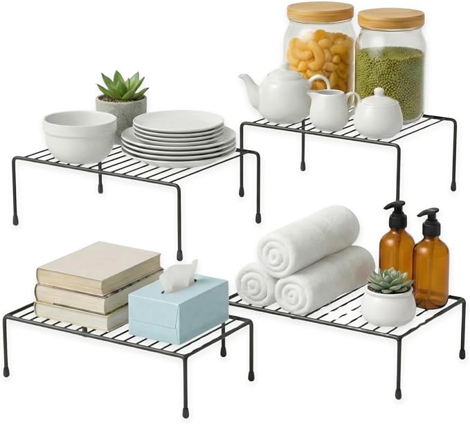 Evelots Kitchen Cabinet Wire Shelf Organizer/Rack - 4 Pack Sturdy Large Metal Shelf Risers - Double Your Counter Space - Great for Kitchen, Freezer, Pantry and Bathroom - Rustproof - Black