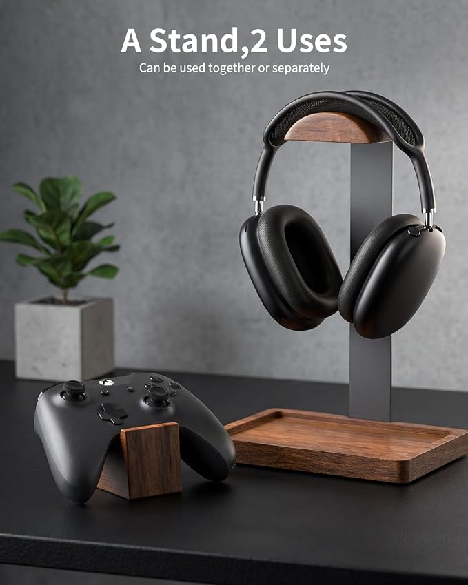 Headphone Stand and Controller Holder, 2-in-1 Walnut Wood Gaming Desk Organizer Compatible with Controllers, Display Mount for AirPods Max, Bose, Sennheiser, Gift for Gamers