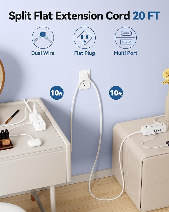 Split Extension Cord 20FT (10FT on Each Side), Single Flat Plug Twin Extension Cord with 4 AC Outlets, 2 USB-A & 3 USB-C(24W/4.8A), Nightstand Charging Station for Bedroom Dorm Room Home, His and Hers