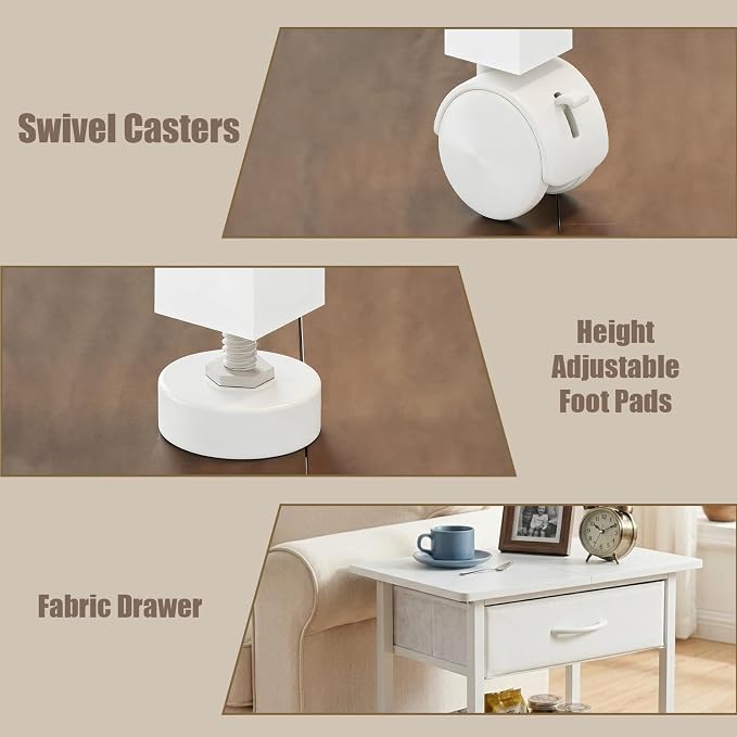 22" x 15" Under Desk Rolling Printer Stand, 2-Tier Industrial Mobile Printer Table with Strong Fabric Drawer, Storage Shelf, Steel Frame and Lockable Wheels, Printer Cart for Home Office (White)