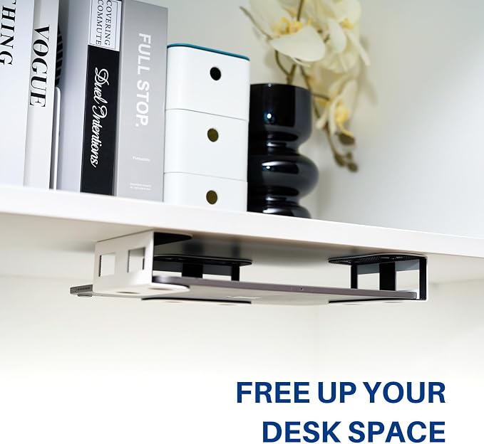 BYMECOST Under Desk Laptop Storage Mount, Metal Under Desk Device Holder, for Devices Up to 1.37" Thick, MacBook, Mini, Keyboard, Router, with Anti-Scratch Silicone (White)
