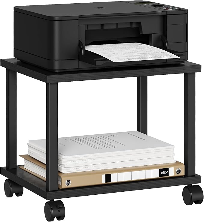 Asgolion Small Printer Table, 2-Tier Under Desk Printer Stand, Printer Stand with Wheels, Printer Shelf for Small Spaces, Printer Cart for Home Office, Black