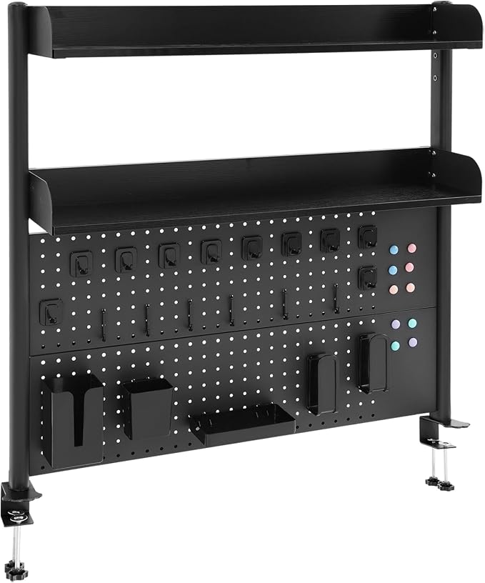 Desk Pegboard, Clamp On Desk Organizer Shelf, Desktop Bookshelf Storage Shelves, Privacy Panel for Home Office Dorm Gaming Desk, Carbon Steel, 39.4" x 37.4", Black